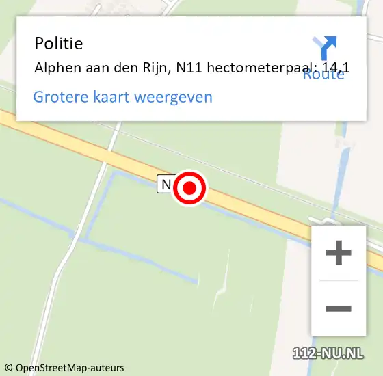 Locatie op kaart van de 112 melding: Politie Alphen aan den Rijn, N11 hectometerpaal: 14,1 op 3 november 2023 11:37