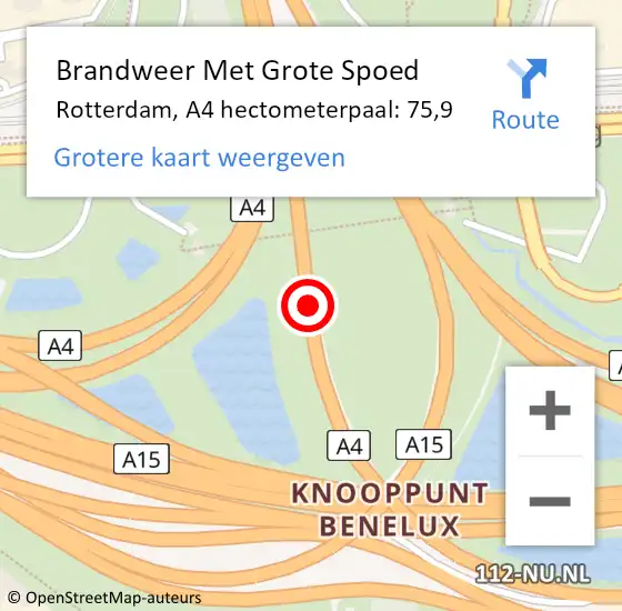 Locatie op kaart van de 112 melding: Brandweer Met Grote Spoed Naar Rotterdam, A4 hectometerpaal: 75,9 op 3 november 2023 15:31