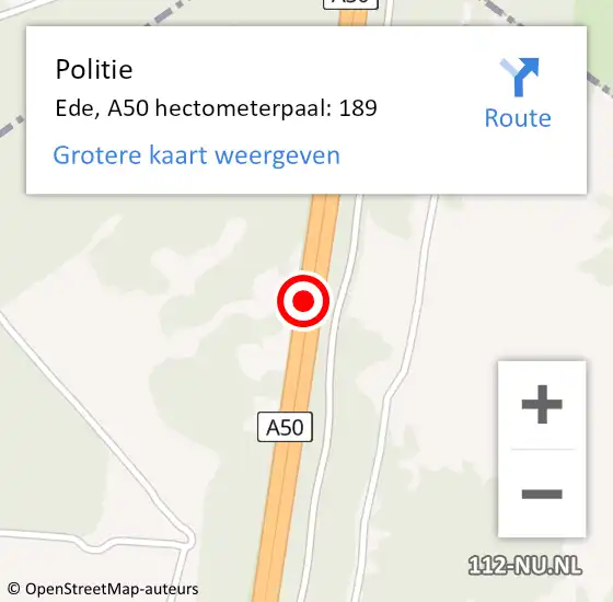 Locatie op kaart van de 112 melding: Politie Ede, A50 hectometerpaal: 189 op 3 november 2023 15:31