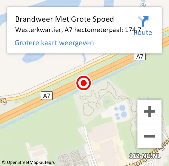Locatie op kaart van de 112 melding: Brandweer Met Grote Spoed Naar Westerkwartier, A7 hectometerpaal: 174,7 op 3 november 2023 16:11
