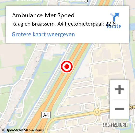 Locatie op kaart van de 112 melding: Ambulance Met Spoed Naar Kaag en Braassem, A4 hectometerpaal: 22,6 op 3 november 2023 16:27