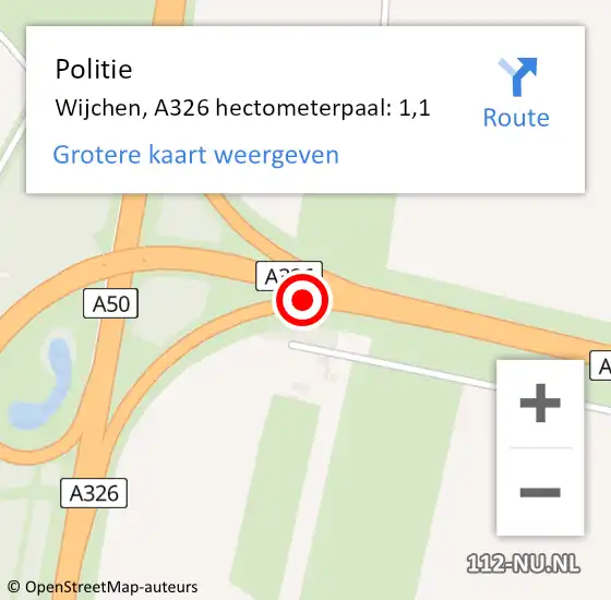 Locatie op kaart van de 112 melding: Politie Wijchen, A326 hectometerpaal: 1,1 op 3 november 2023 16:32