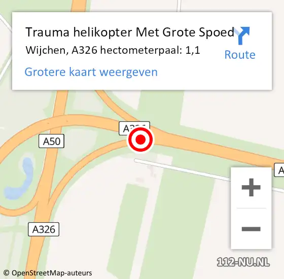 Locatie op kaart van de 112 melding: Trauma helikopter Met Grote Spoed Naar Wijchen, A326 hectometerpaal: 1,1 op 3 november 2023 16:37