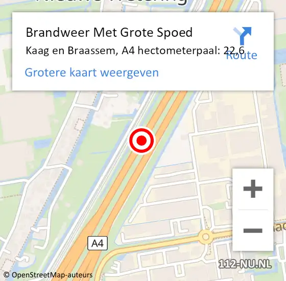 Locatie op kaart van de 112 melding: Brandweer Met Grote Spoed Naar Kaag en Braassem, A4 hectometerpaal: 22,6 op 3 november 2023 16:38