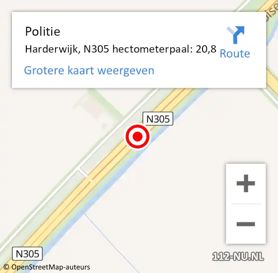 Locatie op kaart van de 112 melding: Politie Harderwijk, N305 hectometerpaal: 20,8 op 3 november 2023 17:28