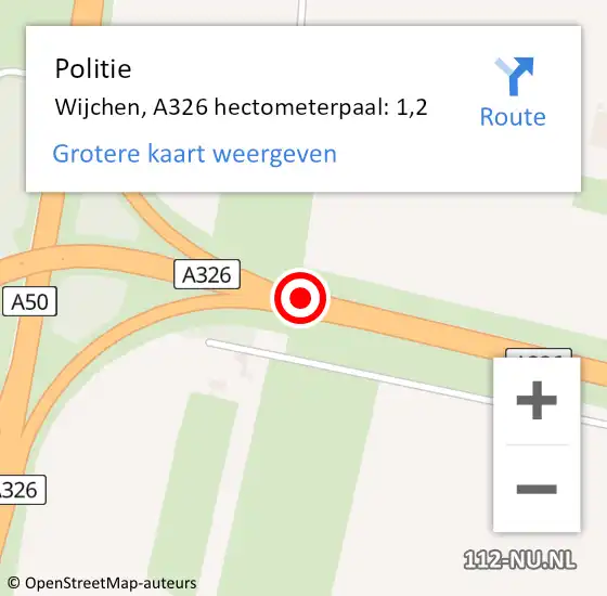 Locatie op kaart van de 112 melding: Politie Wijchen, A326 hectometerpaal: 1,2 op 3 november 2023 17:50