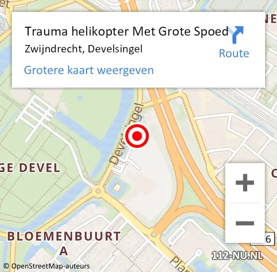 Locatie op kaart van de 112 melding: Trauma helikopter Met Grote Spoed Naar Zwijndrecht, Develsingel op 3 november 2023 17:51