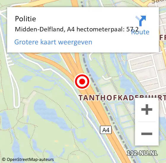 Locatie op kaart van de 112 melding: Politie Midden-Delfland, A4 hectometerpaal: 57,2 op 3 november 2023 19:03