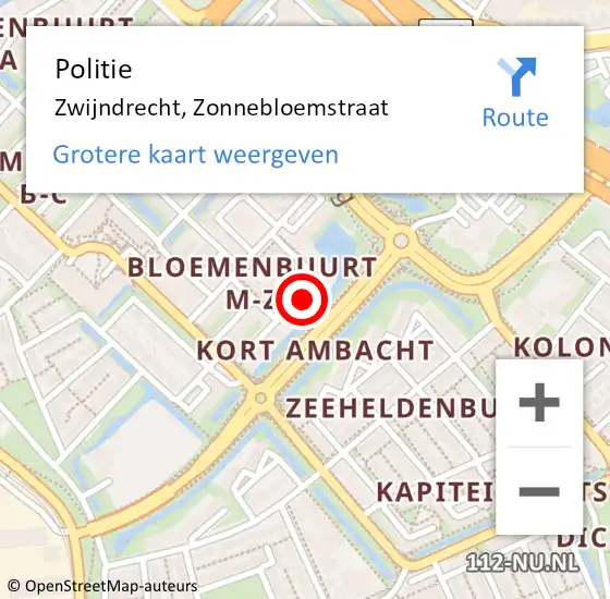 Locatie op kaart van de 112 melding: Politie Zwijndrecht, Zonnebloemstraat op 3 november 2023 19:46