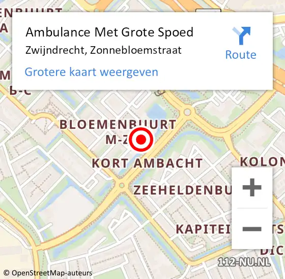 Locatie op kaart van de 112 melding: Ambulance Met Grote Spoed Naar Zwijndrecht, Zonnebloemstraat op 3 november 2023 19:48