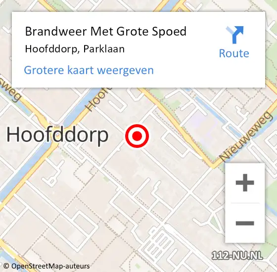 Locatie op kaart van de 112 melding: Brandweer Met Grote Spoed Naar Hoofddorp, Parklaan op 3 november 2023 21:12