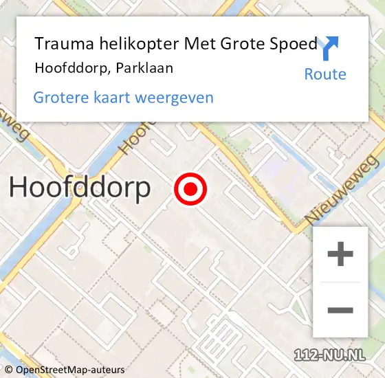 Locatie op kaart van de 112 melding: Trauma helikopter Met Grote Spoed Naar Hoofddorp, Parklaan op 3 november 2023 21:15