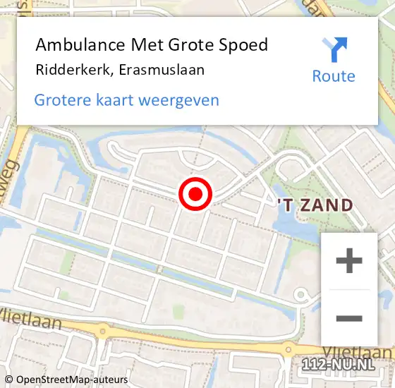 Locatie op kaart van de 112 melding: Ambulance Met Grote Spoed Naar Ridderkerk, Erasmuslaan op 3 november 2023 21:36