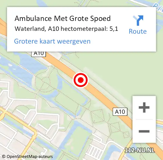 Locatie op kaart van de 112 melding: Ambulance Met Grote Spoed Naar Waterland, A10 hectometerpaal: 5,1 op 4 november 2023 00:23
