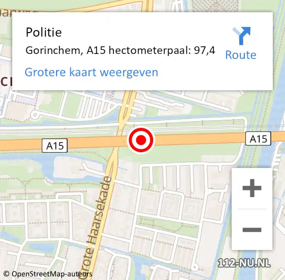 Locatie op kaart van de 112 melding: Politie Gorinchem, A15 hectometerpaal: 97,4 op 4 november 2023 00:43