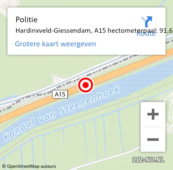 Locatie op kaart van de 112 melding: Politie Hardinxveld-Giessendam, A15 hectometerpaal: 91,6 op 4 november 2023 00:43