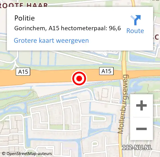 Locatie op kaart van de 112 melding: Politie Gorinchem, A15 hectometerpaal: 96,6 op 4 november 2023 00:45