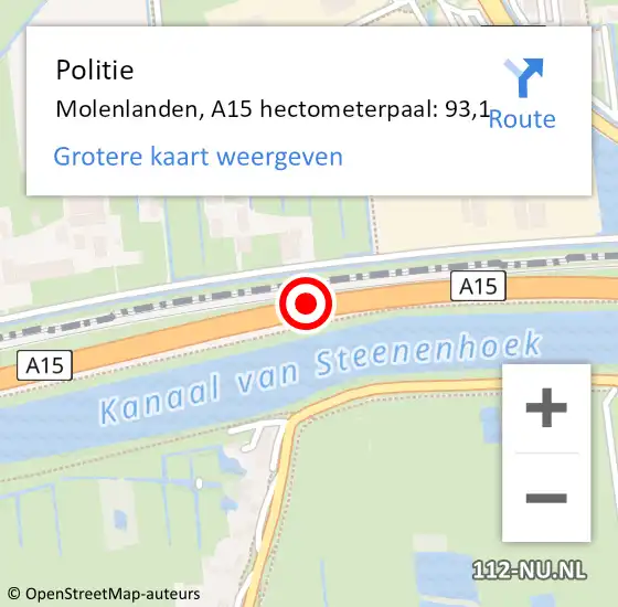 Locatie op kaart van de 112 melding: Politie Molenlanden, A15 hectometerpaal: 93,1 op 4 november 2023 00:45