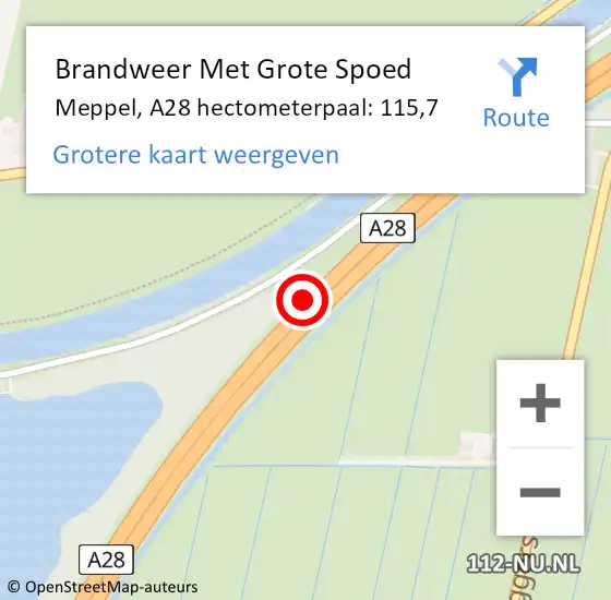 Locatie op kaart van de 112 melding: Brandweer Met Grote Spoed Naar Meppel, A28 hectometerpaal: 115,7 op 4 november 2023 07:34