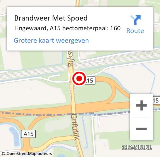 Locatie op kaart van de 112 melding: Brandweer Met Spoed Naar Lingewaard, A15 hectometerpaal: 160 op 4 november 2023 09:47