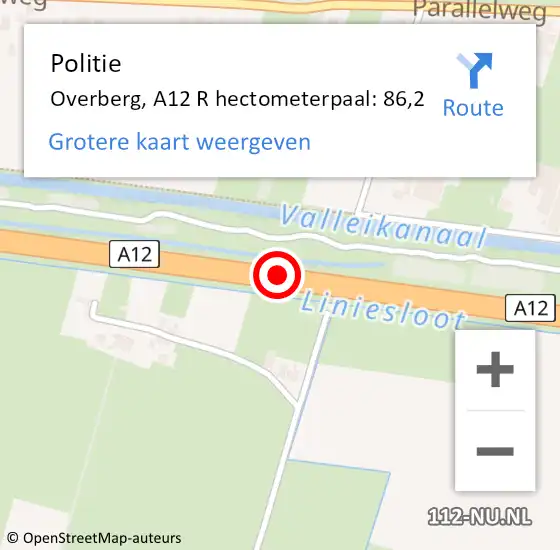 Locatie op kaart van de 112 melding: Politie Overberg, A12 R hectometerpaal: 86,2 op 14 september 2014 00:03