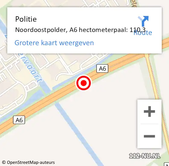 Locatie op kaart van de 112 melding: Politie Noordoostpolder, A6 hectometerpaal: 110,3 op 4 november 2023 12:43