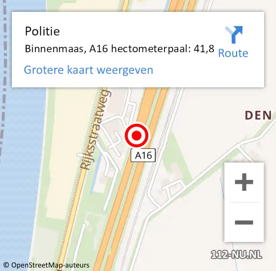 Locatie op kaart van de 112 melding: Politie Hoeksche Waard, A16 hectometerpaal: 41,8 op 4 november 2023 13:09