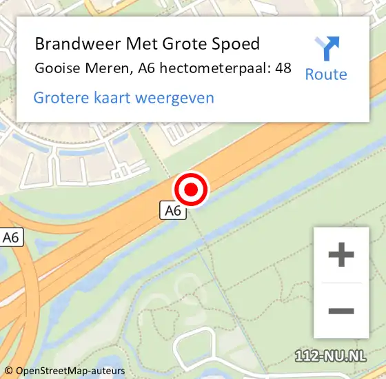 Locatie op kaart van de 112 melding: Brandweer Met Grote Spoed Naar Gooise Meren, A6 hectometerpaal: 48 op 4 november 2023 16:01