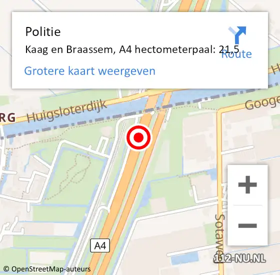 Locatie op kaart van de 112 melding: Politie Kaag en Braassem, A4 hectometerpaal: 21,5 op 4 november 2023 18:51