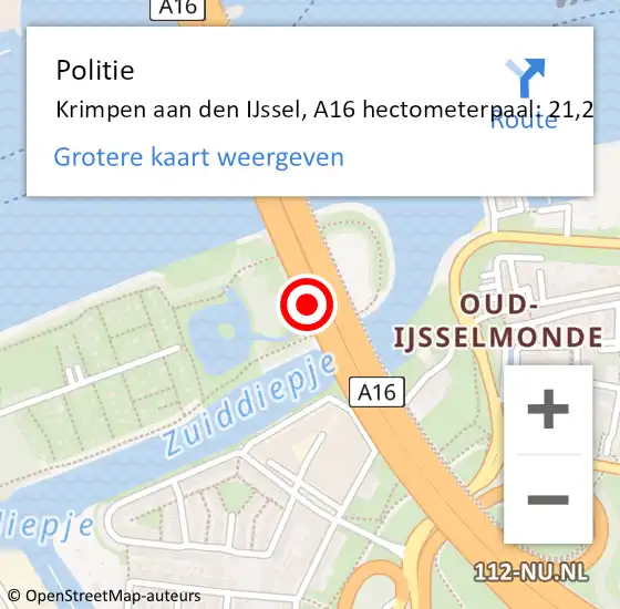 Locatie op kaart van de 112 melding: Politie Krimpen aan den IJssel, A16 hectometerpaal: 21,2 op 4 november 2023 21:11