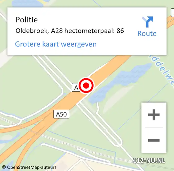 Locatie op kaart van de 112 melding: Politie Oldebroek, A28 hectometerpaal: 86 op 4 november 2023 21:16