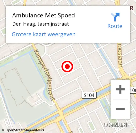 Locatie op kaart van de 112 melding: Ambulance Met Spoed Naar Den Haag, Jasmijnstraat op 4 november 2023 22:17