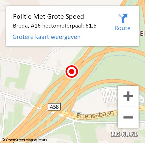 Locatie op kaart van de 112 melding: Politie Met Grote Spoed Naar Breda, A16 hectometerpaal: 61,5 op 5 november 2023 07:08