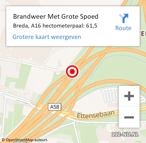 Locatie op kaart van de 112 melding: Brandweer Met Grote Spoed Naar Breda, A16 hectometerpaal: 61,5 op 5 november 2023 07:18