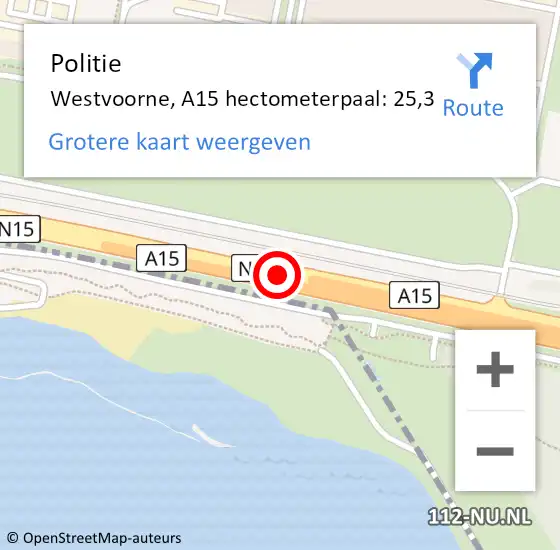 Locatie op kaart van de 112 melding: Politie Westvoorne, A15 hectometerpaal: 25,3 op 5 november 2023 07:25