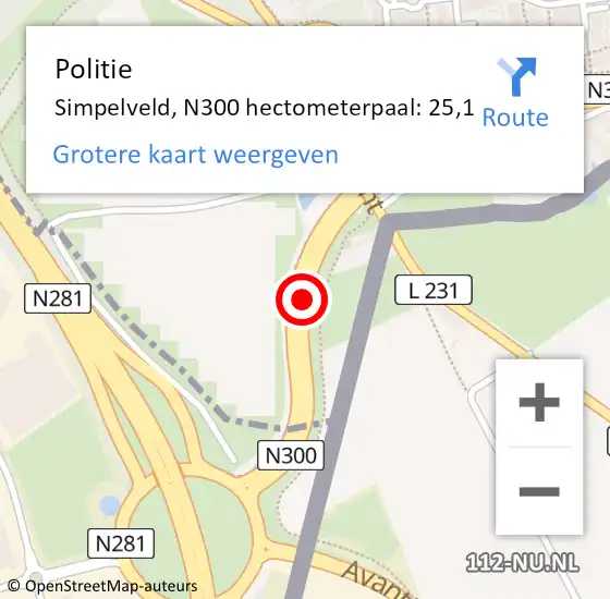Locatie op kaart van de 112 melding: Politie Simpelveld, N300 hectometerpaal: 25,1 op 5 november 2023 09:05