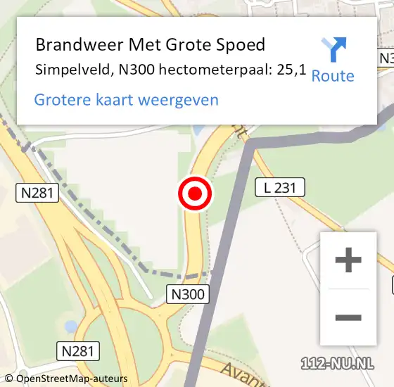 Locatie op kaart van de 112 melding: Brandweer Met Grote Spoed Naar Simpelveld, N300 hectometerpaal: 25,1 op 5 november 2023 09:06