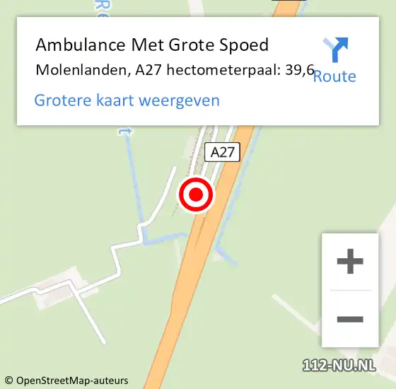 Locatie op kaart van de 112 melding: Ambulance Met Grote Spoed Naar Molenlanden, A27 hectometerpaal: 39,6 op 5 november 2023 09:13