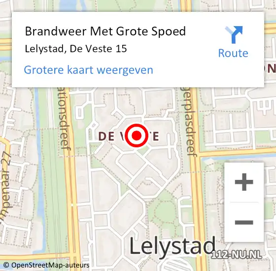 Locatie op kaart van de 112 melding: Brandweer Met Grote Spoed Naar Lelystad, De Veste 15 op 5 november 2023 11:48