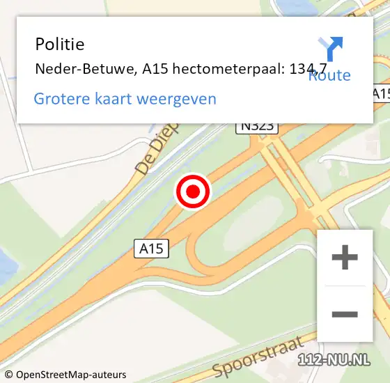 Locatie op kaart van de 112 melding: Politie Neder-Betuwe, A15 hectometerpaal: 134,7 op 5 november 2023 13:55