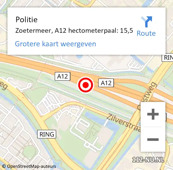 Locatie op kaart van de 112 melding: Politie Zoetermeer, A12 hectometerpaal: 15,5 op 5 november 2023 15:07