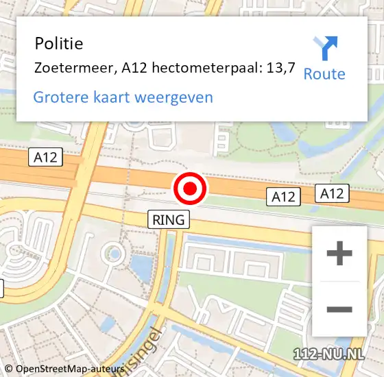 Locatie op kaart van de 112 melding: Politie Zoetermeer, A12 hectometerpaal: 13,7 op 5 november 2023 15:44