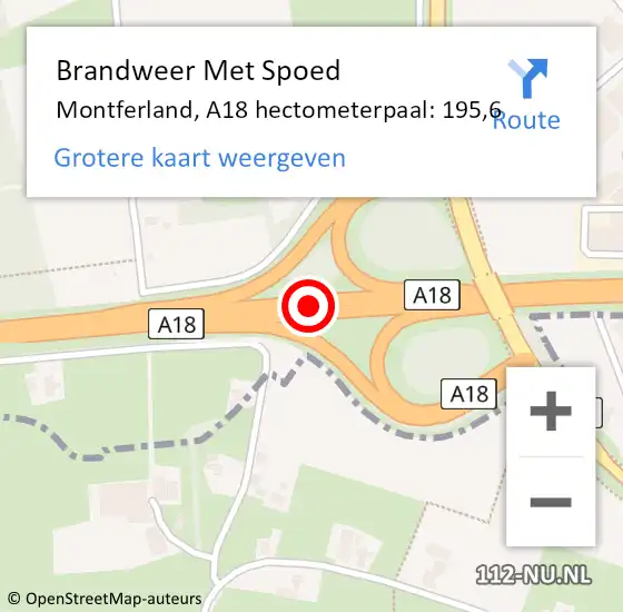 Locatie op kaart van de 112 melding: Brandweer Met Spoed Naar Montferland, A18 hectometerpaal: 195,6 op 5 november 2023 17:09