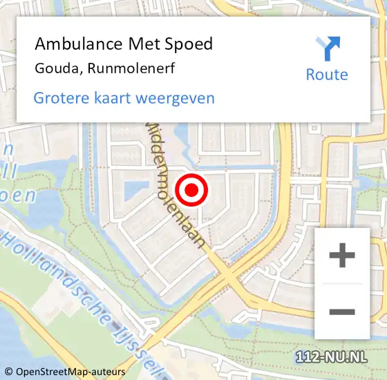 Locatie op kaart van de 112 melding: Ambulance Met Spoed Naar Gouda, Runmolenerf op 5 november 2023 19:04