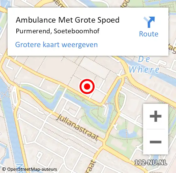 Locatie op kaart van de 112 melding: Ambulance Met Grote Spoed Naar Purmerend, Soeteboomhof op 5 november 2023 21:21