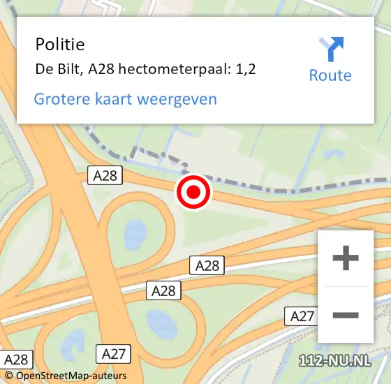 Locatie op kaart van de 112 melding: Politie De Bilt, A28 hectometerpaal: 1,2 op 6 november 2023 00:27