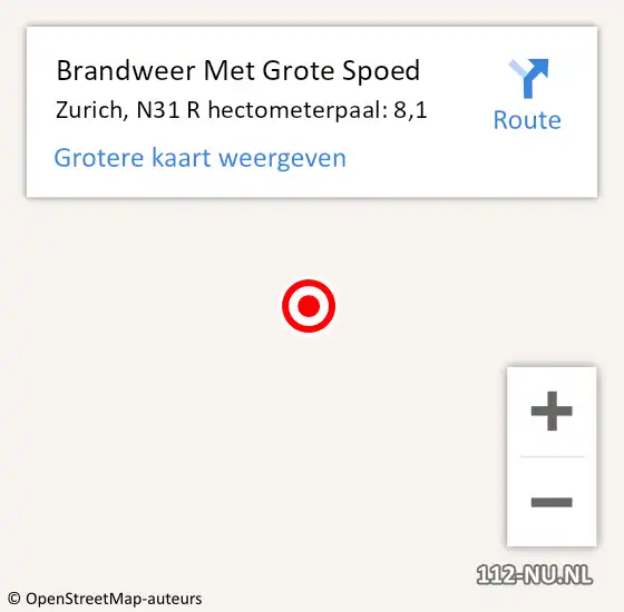 Locatie op kaart van de 112 melding: Brandweer Met Grote Spoed Naar Zurich, N31 R hectometerpaal: 8,1 op 14 oktober 2013 14:07