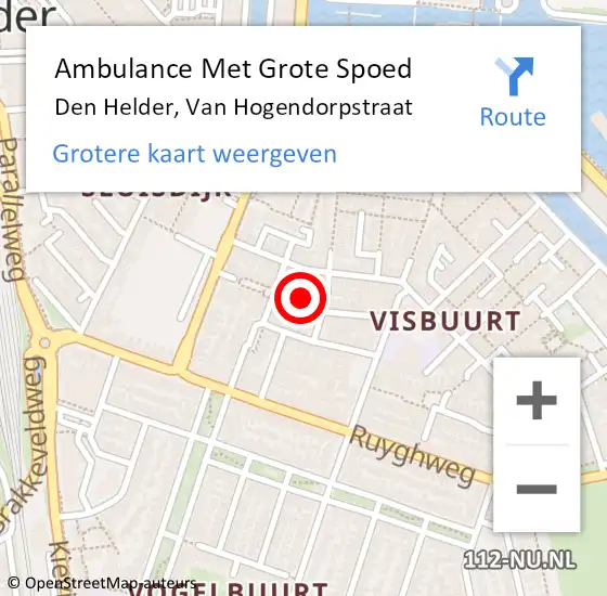 Locatie op kaart van de 112 melding: Ambulance Met Grote Spoed Naar Den Helder, Van Hogendorpstraat op 6 november 2023 05:11