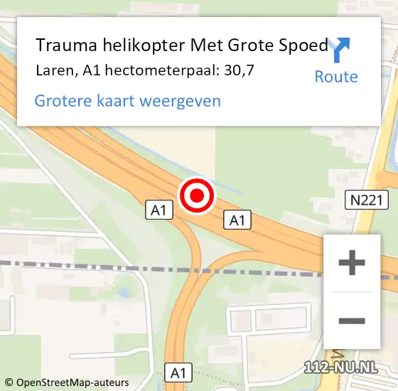 Locatie op kaart van de 112 melding: Trauma helikopter Met Grote Spoed Naar Laren, A1 hectometerpaal: 30,7 op 6 november 2023 08:00