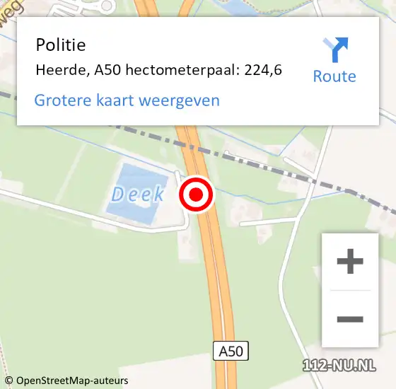 Locatie op kaart van de 112 melding: Politie Heerde, A50 hectometerpaal: 224,6 op 6 november 2023 08:10